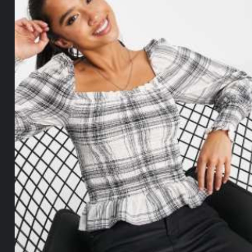 ASOS Petite shirred square neck top in white gingham